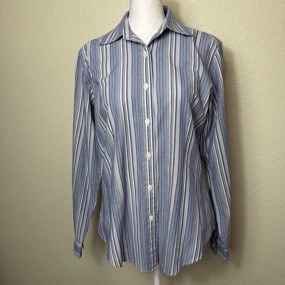 Van Heusen Women S Blue Striped Long Sleeve Button Up Dress Shirt Cotton Blend
